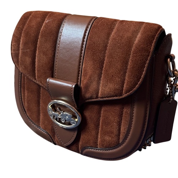 Coach Georgie Saddle Bag Quilting Suede Leather Redwood Shoulder Crossbody - Picture 4 of 7